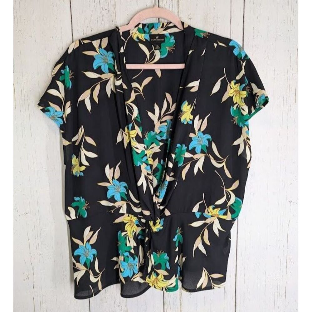 Worthington Size XL Black Floral Twist‎ Front Short Sleeve Womens Blouse